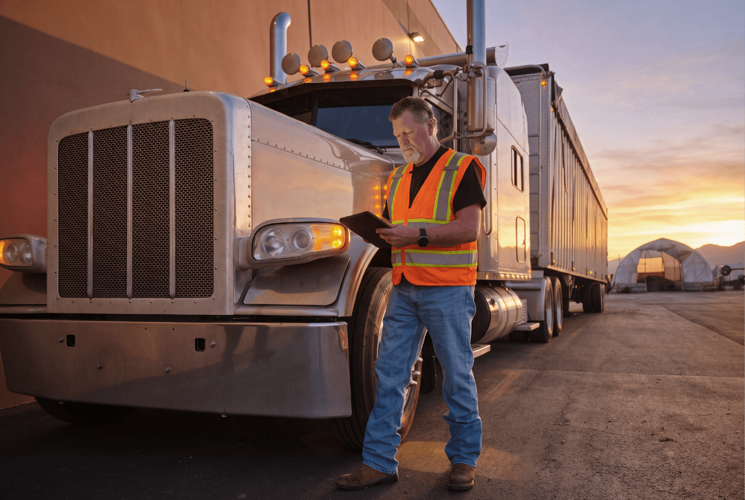 man outside of trucks looking at device