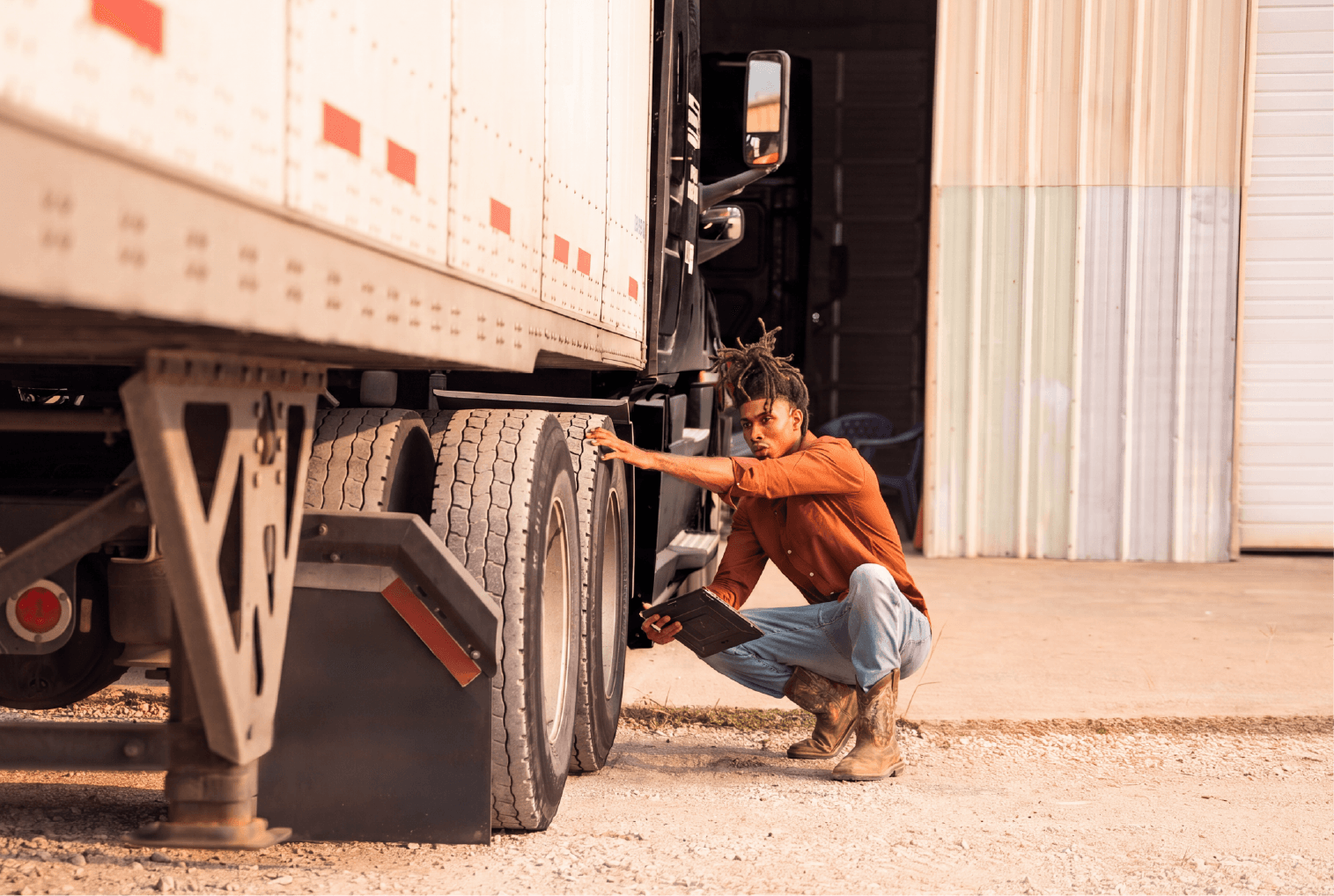 Man outside of truck with device checking tires