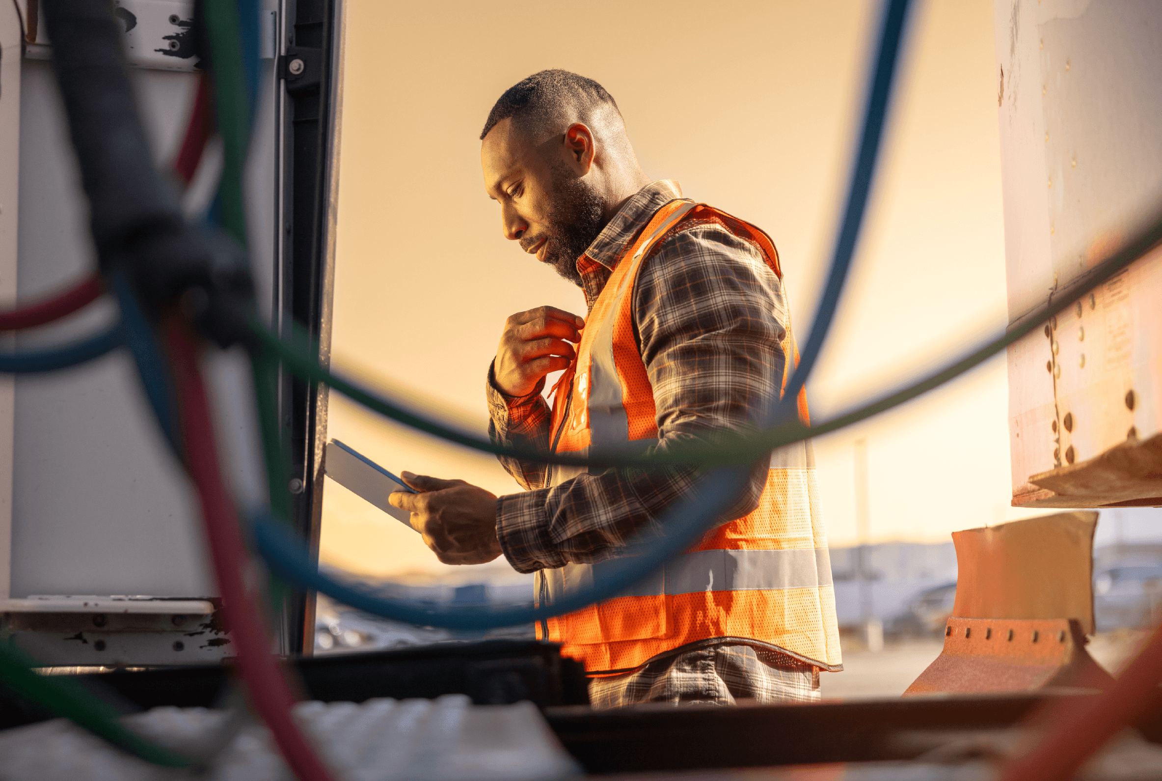 Trucker checking data rates on his device