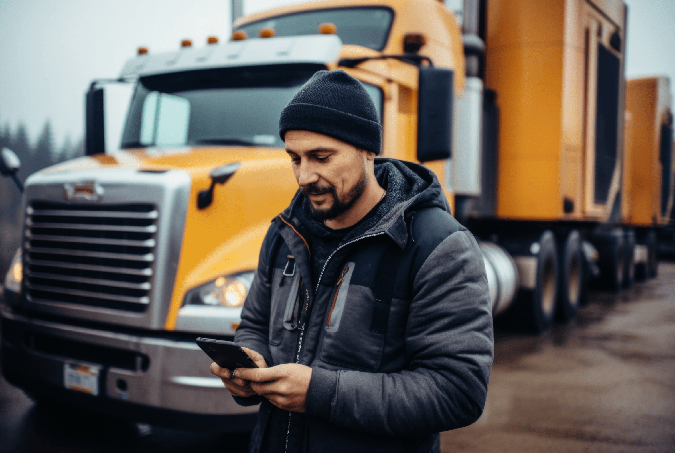 Man outside of truck checking his device