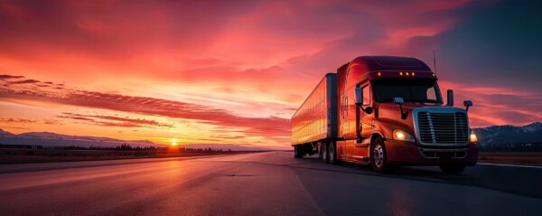 Semi truck in full motion transporting goods along highway. Eloquently paints picture of truck vital cog in wheel of commerce and logistics. Inclusion of sunset and sky dimension of time and natural beauty to scene